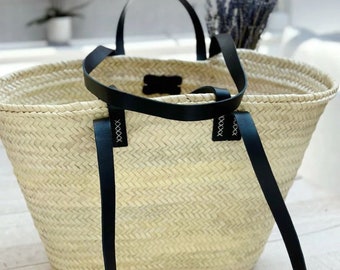 French Straw Basket With Long Black Handles - French Market Bag - Beach Bag - Handwoven Market Basket - Moroccan Basket - Tote Bag Straw Bag