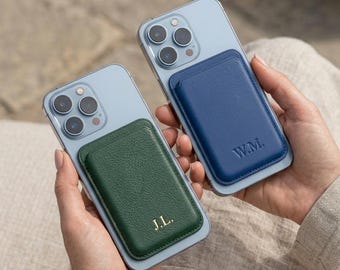 Cartera MagSafe personalizada para iPhone 17 16 15 14 13 Pro Max, tarjetero de piel vegana con iniciales personalizadas, cartera magnética para teléfono, regalo para él.
