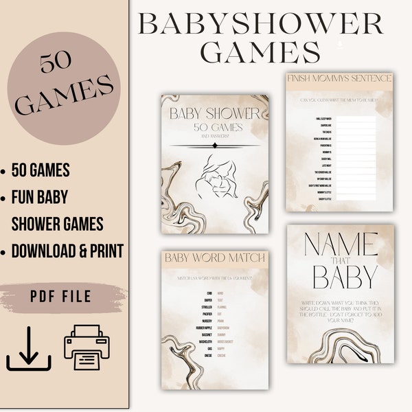 Babyshower spelletjes neutraal | Nieuwe moeder sjabloon digitale download | Marmeren babyshowersjabloon | Babyshower spel canva bruin | Babyshower bingo