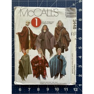 McCall's-patroon 3448 ~ 1-uurponcho's met capuchon 6 stijlen Maat XL-2X OOP Ongesneden FF