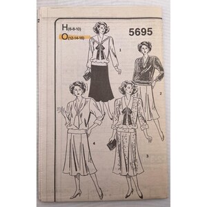 May include: Vintage sewing pattern with illustrations of women's blouses and skirts. The pattern number is 5695, with size options. The drawings depict various blouse styles with bow details and skirts.