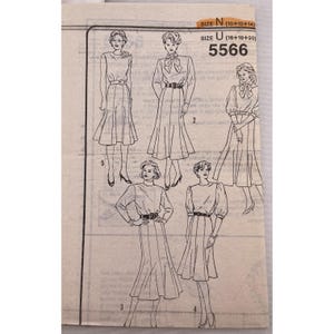 May include: A vintage sewing pattern with illustrations of women's dresses. The pattern shows various dress designs with different sleeve lengths, necklines, and skirt styles. The pattern number is 5566, with sizes N (10+12+14) and U (16+18+20).