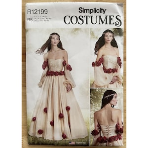 Puede incluir: El patrón Simplicity Costumes R12199 presenta un vestido color crema con detalles de rosas rojas. El patrón incluye un corpiño sin tirantes, mangas largas y una falda amplia. La talla del patrón es 40-48.