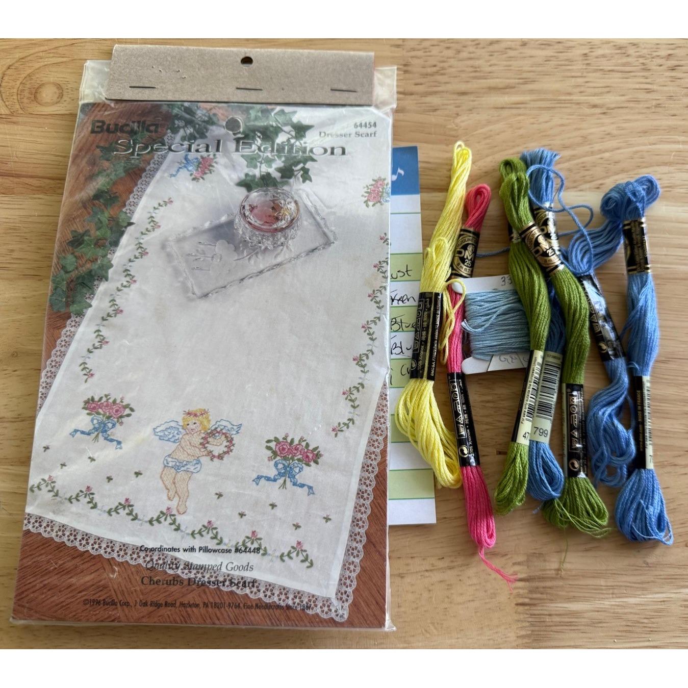 embroidered dresser scarf kit Stamped Embroidery Dresser Table Scarf Runner Kit Bells Flowers Colort – At  Grandma's Table main image 0