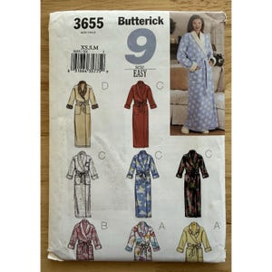 May include: A Butterick sewing pattern packet, featuring a variety of robe designs. The packet includes illustrations of different robe styles, with details on fabric and design. The number "3655" and the words "Sew Easy" are visible.