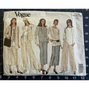May include: A Vogue 1174 sewing pattern envelope featuring illustrations of five outfits including blazers, vests, skirts, and wide-leg trousers in beige and plaid fabrics. The text includes Vogue, 1174, and size 14-16-18.