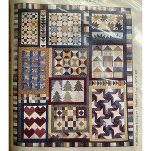 Könnte beinhalten: Ein Patchwork-Quilt-Muster mit verschiedenen Blöcken wie Sternen, Häusern, Bäumen und Herzen in Blau-, Rot-, Gelb- und Cremetönen. Der Text auf der Verpackung lautet 1999 Sharon Hultgren und Finished Size is 90 inches by 106 inches.
