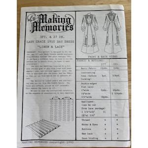 Making Memories Pattern 3 Ft & 27" Lady Grace 1910 Day Dress LINEN  LACE **Read