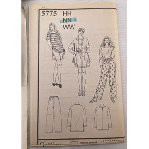 May include: A vintage sewing pattern featuring illustrations of women's clothing designs. The pattern includes a striped top and shorts, a jacket and shorts set, and a top with floral print trousers. The pattern number is 5775.