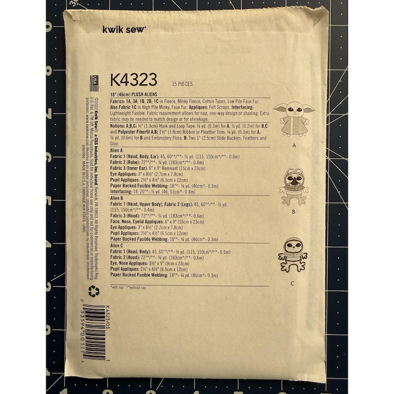 Patrón Kwik Sew K4323 para peluches de 45 cm (18") de alienígenas, Baby Yoda y Ewok de Star Wars UC FF imagen 2
