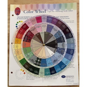 May include: A color wheel chart with the text "Color Wheel Tips for working with color". The wheel displays a spectrum of colors, with examples of color combinations and patterns. The chart is designed for working with photos.