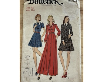Patrón Butterick 6922 Vestido camisero con botones delanteros para señoras en tres largos, talla 12
