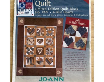 Bloque de patchwork Joann Heartland, julio de 1999, edición limitada, 4 corazones azules, BOM VTG