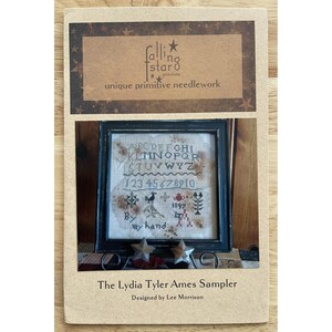 Op de afbeelding: Een ingelijste sampler met de tekst "ABCDEFGHI, KLMNOPQR, STUVWYZ, 12345678910, By my hand, 1897". De sampler zit in een zwart frame en staat op een bruine achtergrond. De tekst "Falling Star Primitives" staat bovenaan.