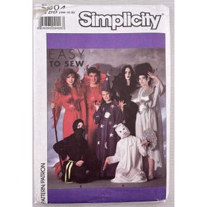 May include: Simplicity sewing pattern featuring costumes for Halloween. The pattern includes instructions for creating various costumes, such as a devil, witch, and ghost. The cover displays the finished costumes, with the words "EASY TO SEW".