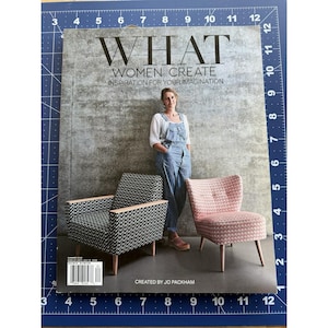 May include: Magazine cover titled "WHAT WOMEN CREATE" featuring a woman in overalls. Two chairs are displayed: one black and white patterned, the other pink. The text "INSPIRATION FOR YOUR IMAGINATION" is also visible.