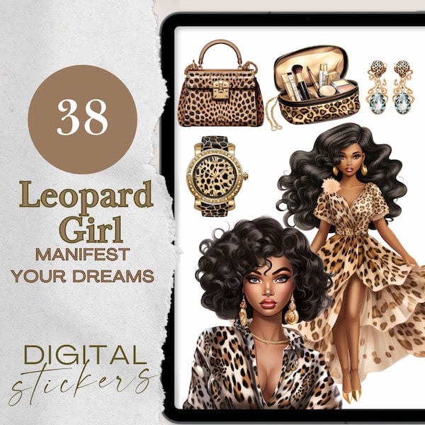 Fashion Leopard Black Girl Digital Stickers, Chic Black Girl Digital Planner Stickers, Pre-cropped Black Girl Stickers, Goodnotes Stickers