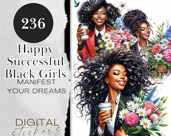 Happy Black Girl Digital Stickers, Successful Black Girl Digital Stickers, Pre-cropped Planner Digital Sticker,Black Girl Goodnotes Stickers