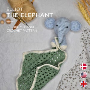 May include: A crochet pattern for a blue elephant security blanket. The pattern includes instructions for crocheting a small elephant and a green and white blanket. The pattern is available in English, Danish, American English, and British English.