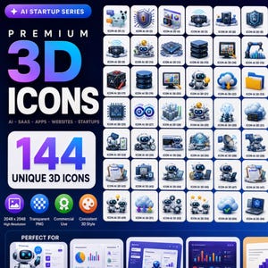 May include: A promotional graphic showcasing 144 unique 3D icons, perfect for AI apps, SaaS platforms, websites, dashboards, and presentations. The icons are in a consistent 3D style and high resolution.