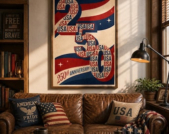 Póster imprimible del 250 aniversario de EE. UU., lámina patriótica vintage de Estados Unidos de 1776, decoración en rojo, blanco y azul, Día de la Independencia.