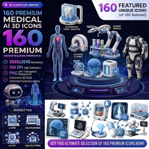 May include: A digital collection of 160 premium medical AI 3D icons featuring various healthcare equipment, anatomical models, and robotic elements. The display includes a holographic dental analyser, an AI-driven scanner, and a surgery console.