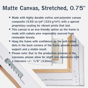 Puede incluir: Primer plano de un lienzo con el texto "Matte Canvas, Stretched, 0.75"" e informaci&oacute;n sobre el material, el marco ecol&oacute;gico y el soporte. El lienzo est&aacute; hecho de una composici&oacute;n de algod&oacute;n y poli&eacute;ster.