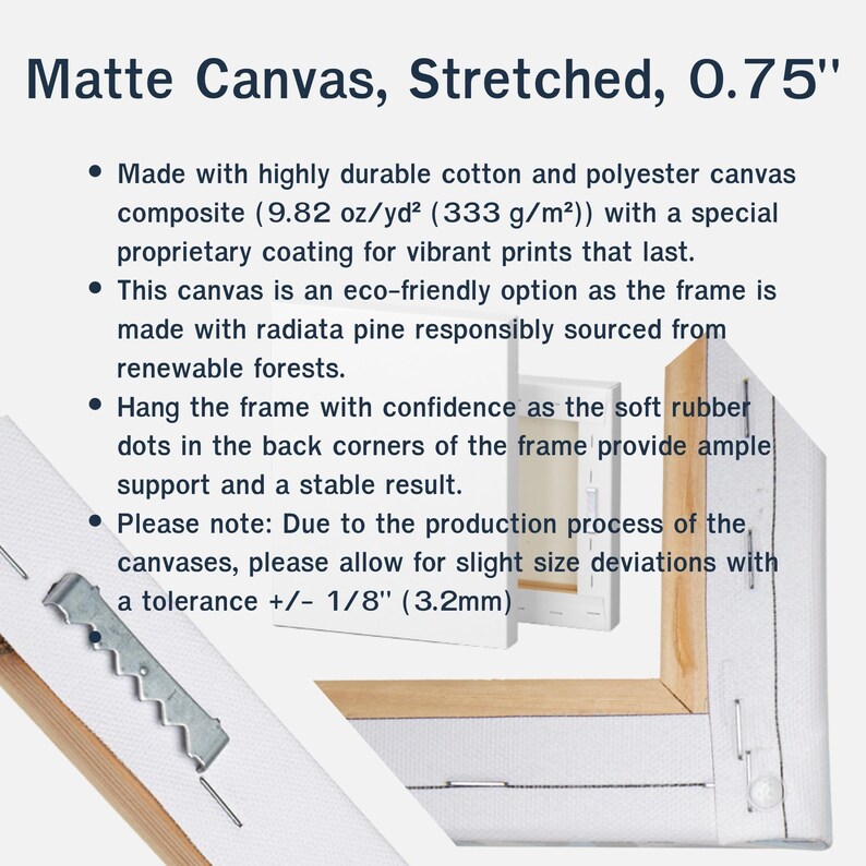 Puede incluir: Primer plano de un lienzo con el texto "Matte Canvas, Stretched, 0.75"" e informaci&oacute;n sobre el material, el marco ecol&oacute;gico y el soporte. El lienzo est&aacute; hecho de una composici&oacute;n de algod&oacute;n y poli&eacute;ster.