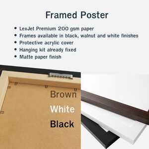 Puede incluir: Un p&oacute;ster enmarcado con un marco negro, que muestra los detalles de la parte posterior y la esquina. La imagen destaca los colores de marco disponibles: negro, blanco y marr&oacute;n. Incluye una cubierta protectora de acr&iacute;lico y un acabado de papel mate.