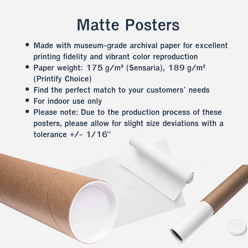 Puede incluir: La imagen muestra carteles mate enrollados y una hoja de papel blanco. El texto en la parte superior dice "Carteles Mate". Las vi&ntilde;etas describen la calidad, el peso y el uso del papel. Tambi&eacute;n se ven un tubo de cart&oacute;n marr&oacute;n y una tapa blanca.