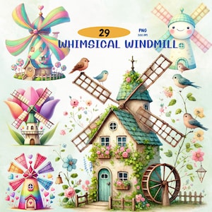 May include: A set of 29 whimsical windmills with a variety of colors and designs. The windmills are decorated with flowers, birds, and other cute details. The windmills are perfect for adding a touch of whimsy to any home or garden.