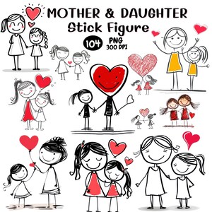 May include: A set of 104 black and white stick figure illustrations of mothers and daughters. The illustrations are simple and cute, and they would be perfect for use in a variety of projects, such as scrapbooking, card making, or digital design.