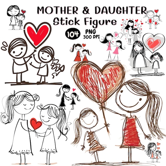 Mother and Daughter Stick Figure SVG | Family Line Art Clipart | Mom Love Digital Download