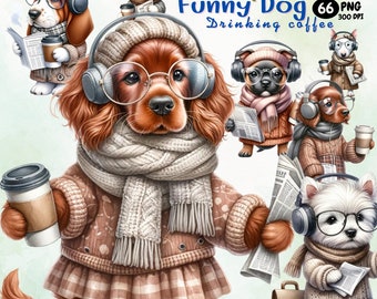 Cute cartoon dog and winter concept, holding a coffee cup and reading a newspaper, Funny Dog coffee, Dog costum, Cute Dog PNG, dog winter
