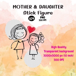May include: A black and white line drawing of a mother and daughter holding hands. The mother is holding a red heart balloon. The image is set against a watercolor background of pink and orange.