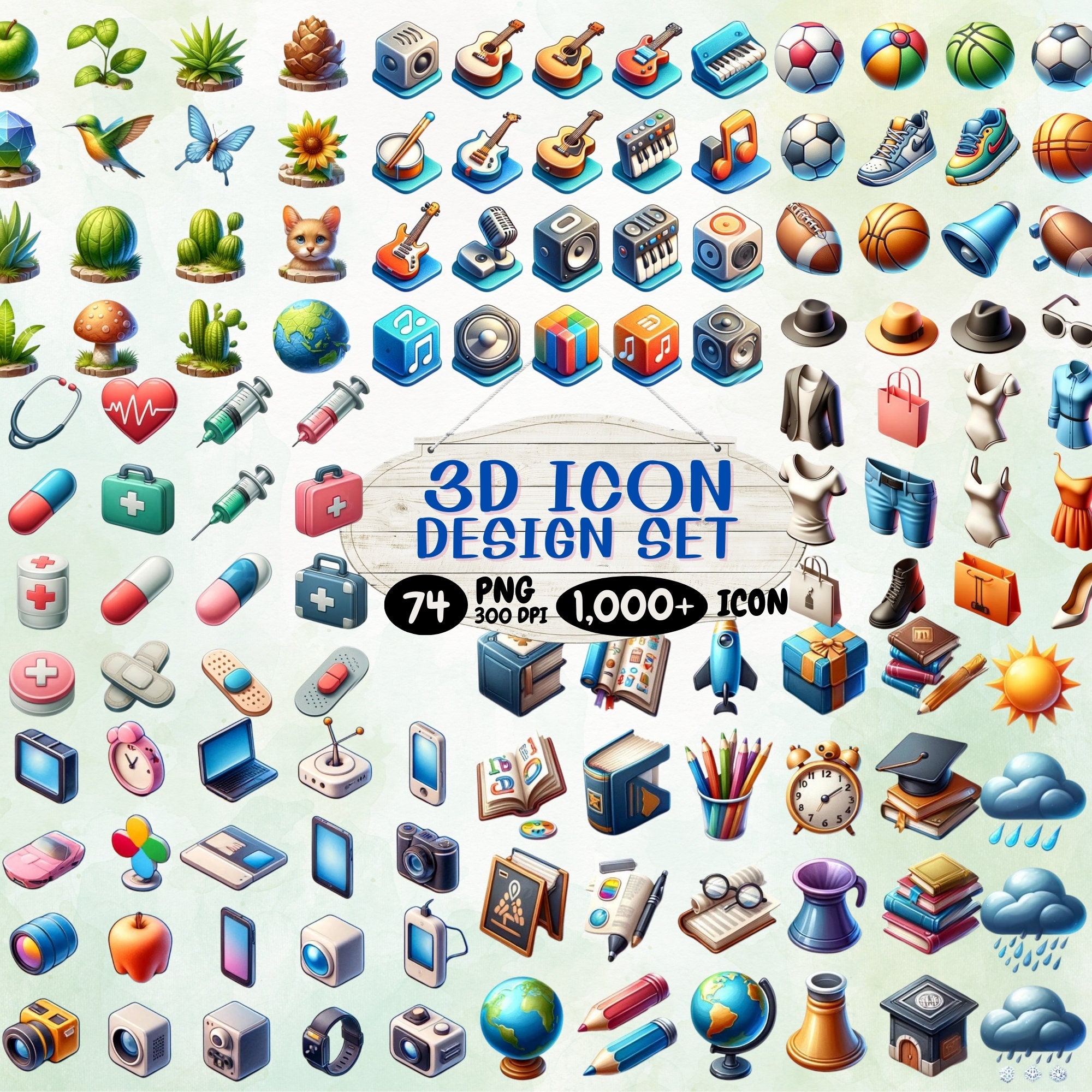 3D Icon pack, icons, Icon set, PNG, Commercial use, Printable PNG File, Instant download,Transparent PNG Files, 74 Png, 1000+ Icon