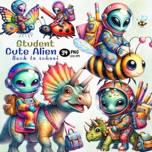 Aquarela Alien Student PNG, Back to School Clipart, Cute Aliens Clipart, Alien png, Digital School Sublimation, animal de equitação alienígena