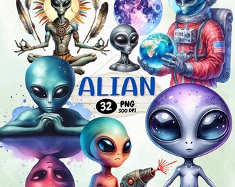 Watercolor Alien PNG,Back to School Clipart, Cute Aliens Clipart, Alien Png, Alien cute, water color,alien gifts, Cute Astronaut Png, Ufo