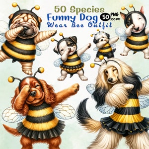 Niedlich und lustig Betupfen Sammlung Clipart, Hund Kostüm, Hund tragen Bienen Outfit, niedlichen Hund PNG, Sublimation Designs, Bienen Outfit, betupfen Hund