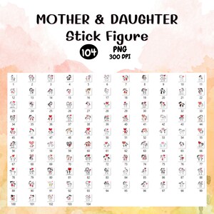 May include: A set of 104 black and white stick figure illustrations of a mother and daughter holding hands. The figures are simple and cute, and they would be perfect for use in a variety of projects, such as scrapbooking, card making, or digital design.