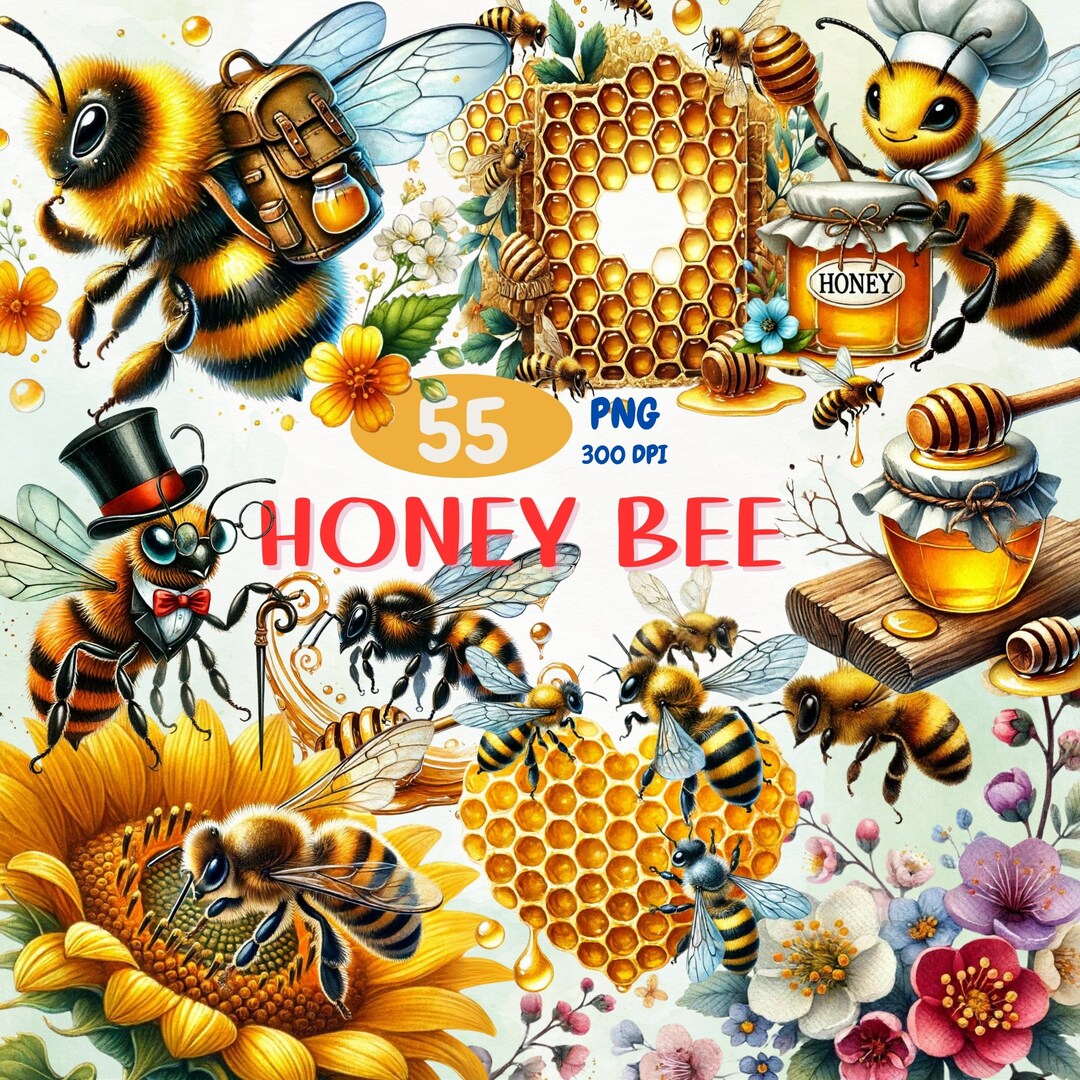 Honey Bee Watercolor Clipart Bundle – Floral Insect PNG Graphics ...