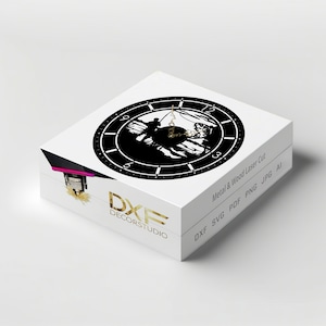 May include: A black and white silhouette of a person fishing on a boat, with a clock face around the image. The clock face has numbers 1-12 and a hand pointing to the 12. The box is white with the text "DXF DECORSTUDIO" and "Metal & Wood Laser Cut" in gold lettering. The text "DXF SVG PDF PNG JPG AI" is also in gold lettering.