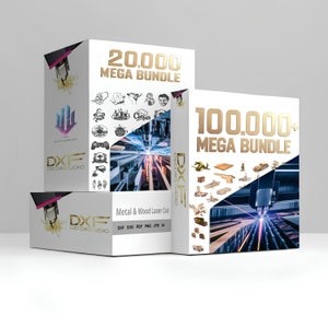 Könnte beinhalten: Drei übereinander gestapelte Boxen. Die oberste Box ist weiß mit goldener Schrift, die "20.000 MEGA BUNDLE" lautet. Die mittlere Box ist weiß mit goldener Schrift, die "100.000+ MEGA BUNDLE" lautet. Die unterste Box ist weiß mit goldener Schrift, die "DXF DECORSTUDIO" lautet. Alle drei Boxen haben ein Laser-Schneidemuster.