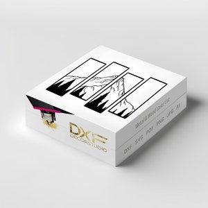 Peut inclure: Une boîte blanche avec une image en noir et blanc d'une chaîne de montagnes avec des arbres sur le devant. La boîte est étiquetée "DXF DECORSTUDIO" et "Découpe laser métal et bois" avec les types de fichiers "DXF SVG PDF PNG JPG AI".