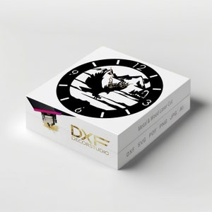 Könnte beinhalten: Eine weiße Box mit einem schwarz-weißen Zifferblatt, das eine Bergszene mit einem darüber fliegenden Vogel zeigt. Die Box trägt den Text "DXF DECORSTUDIO" und "Metal & Wood Laser Cut". Der Text "DXF SVG PDF PNG JPG AI" befindet sich ebenfalls auf der Box.