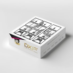May include: A white box with a black and white image of the Eiffel Tower on the front. The box is labeled "DXF DECORSTUDIO" and "Metal & Wood Laser Cut" with the file types "DXF SVG PDF PNG JPG AI".