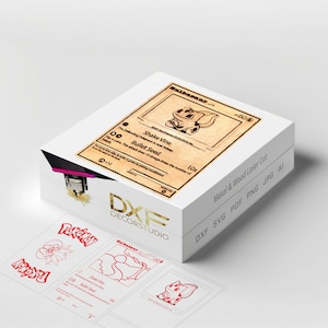 Peut inclure: Une boîte blanche avec un logo rouge et noir pour DXF Decorstudio. La boîte contient un design découpé au laser d'une carte Pokémon Bulbasaur. Le design est disponible aux formats DXF, SVG, PDF, PNG, JPG et AI. La carte présente le texte "Bulbasaur #001" et "Shake Vine" et "Bullet Seed".