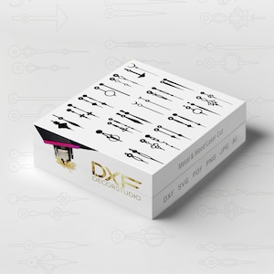 Puede incluir: Una caja blanca con diseños de manecillas de reloj negras en la parte delantera. La caja está etiquetada como "DXF DECORSTUDIO" y "Metal & Wood Laser Cut". La caja también enumera los formatos de archivo incluidos: "DXF SVG PDF PNG JPG AI".