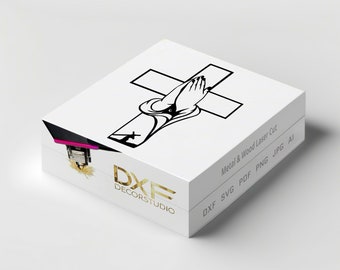 May include: A white box with a black and white image of praying hands on a cross. The box is labelled "DXF DECORSTUDIO" and "Metal & Wood Laser Cut DXF SVG PDF PNG JPG AI".