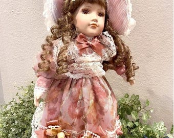 VTG 16” Porcelain Ballerina Doll With White Metal Stand Lace Dress Beads In Hair
